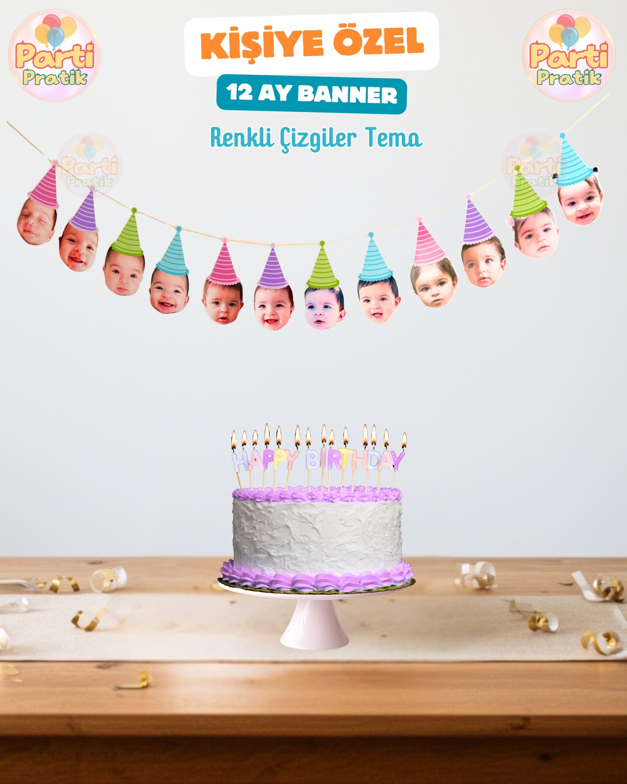 12 Ay Banner -  Renkli Çizgiler Tema