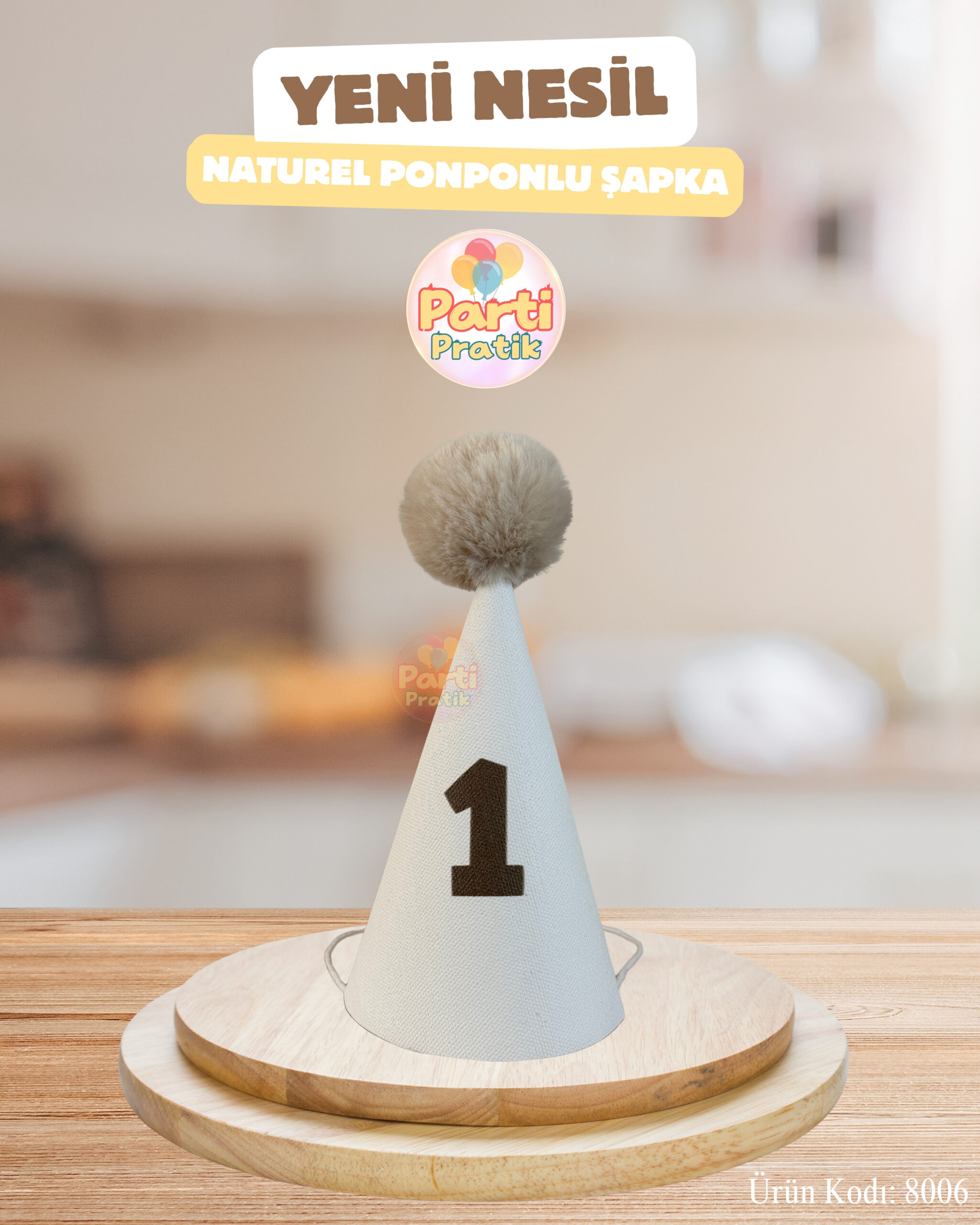 1 Yaş Ponponlu Doğum Günü Şapkası